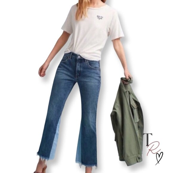 Anthropologie Denim Pilcro Two Tone Raw Hem Flare Cropped Jeans in Size 28 - Picture 1 of 15